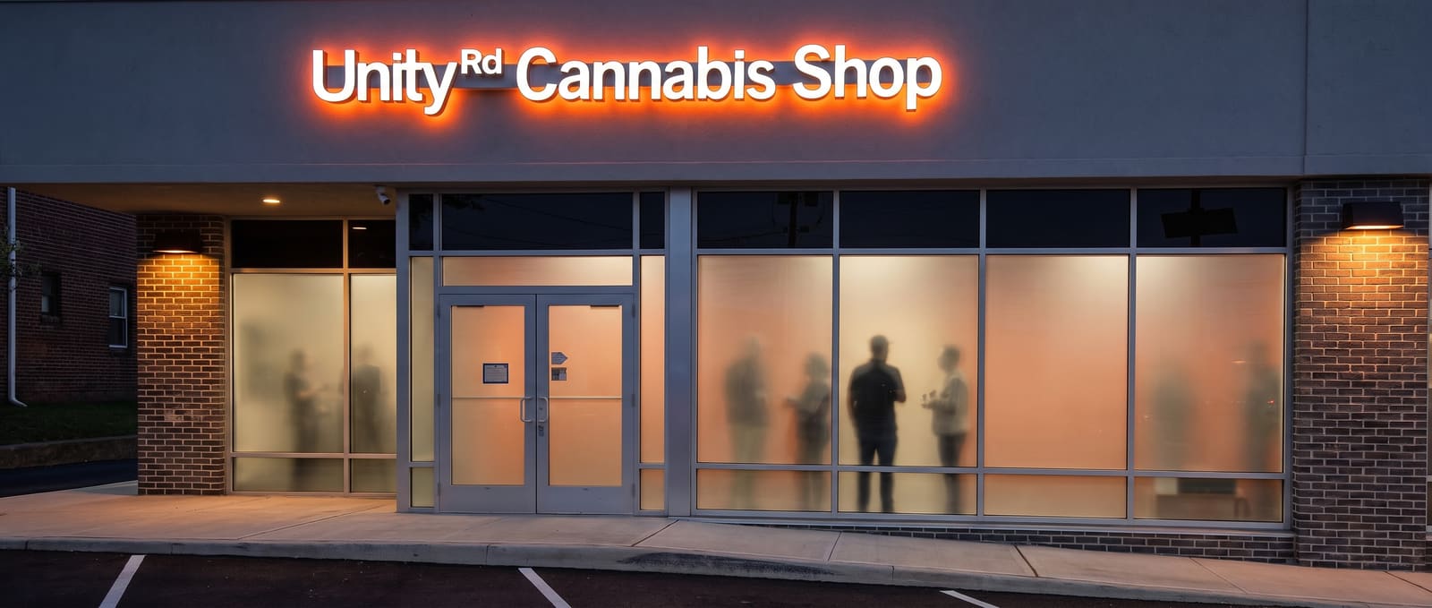The new Unity Rd. Cannabis Shop storefront in Maywood, New Jersey lit up at night