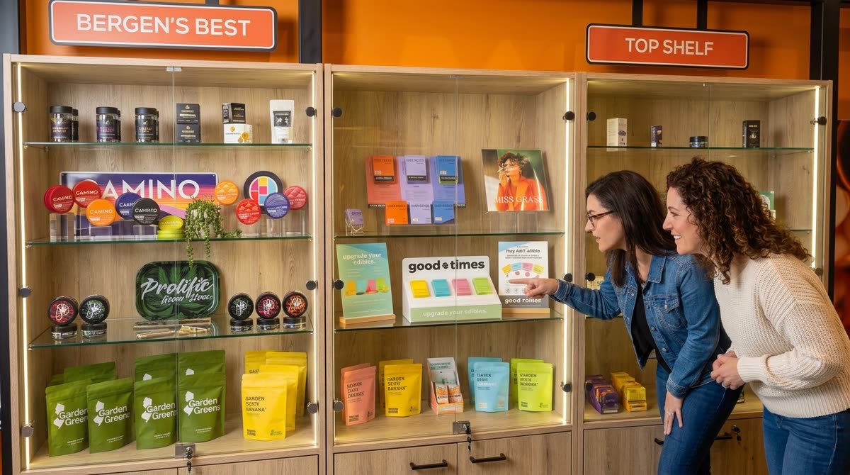 Premium cannabis products on the Bergen's Best and Top Shelf display walls at Unity Rd