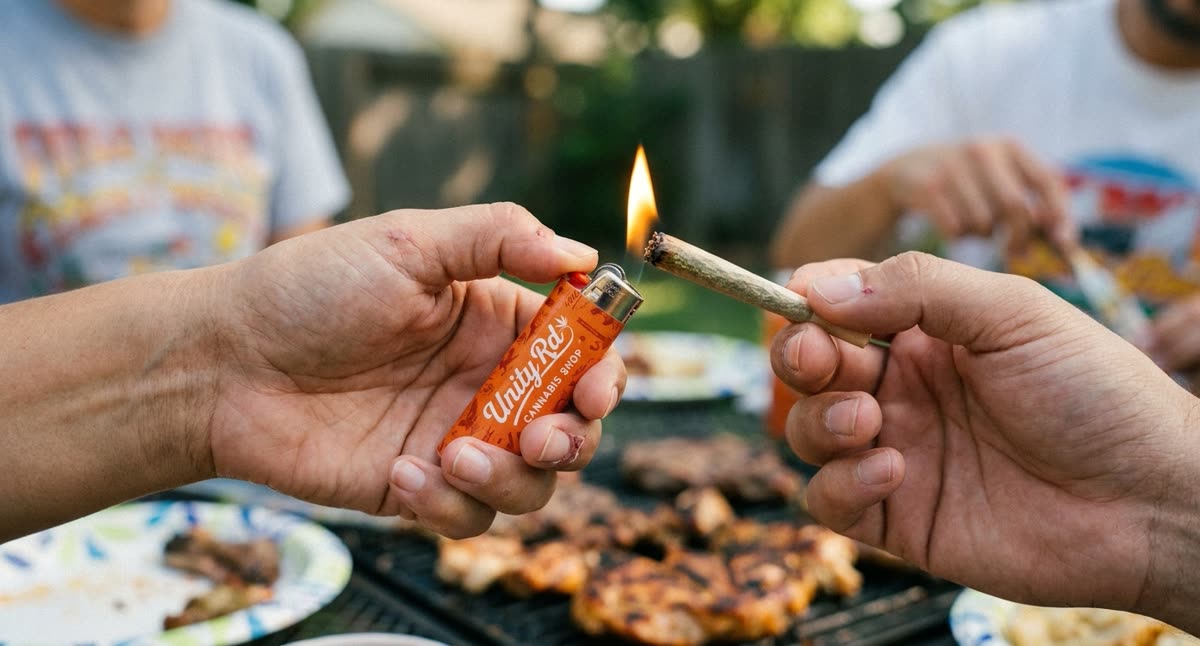 Friends sharing a backyard cookout with a Unity Rd lighter